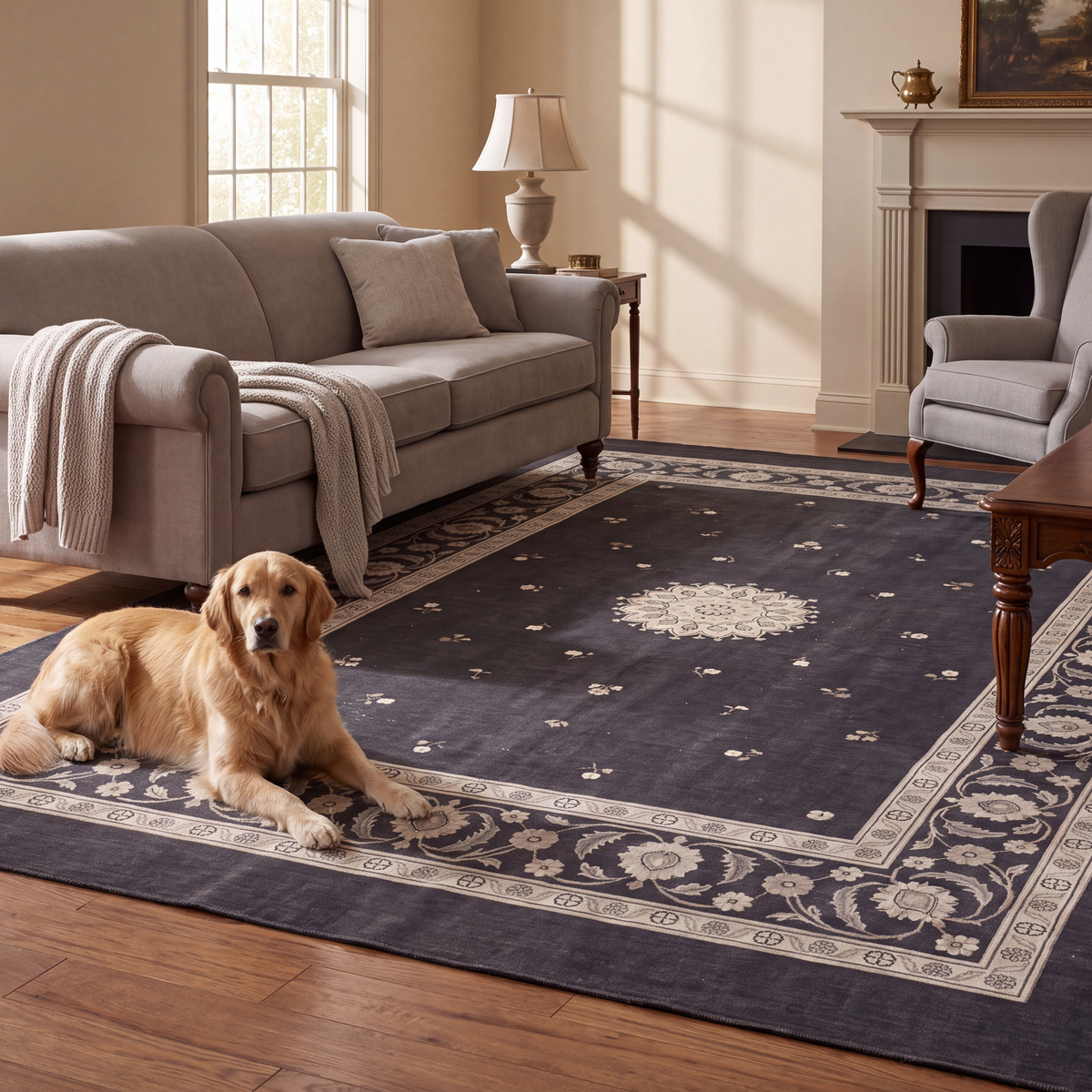 A dog resting on the rug in a living room.