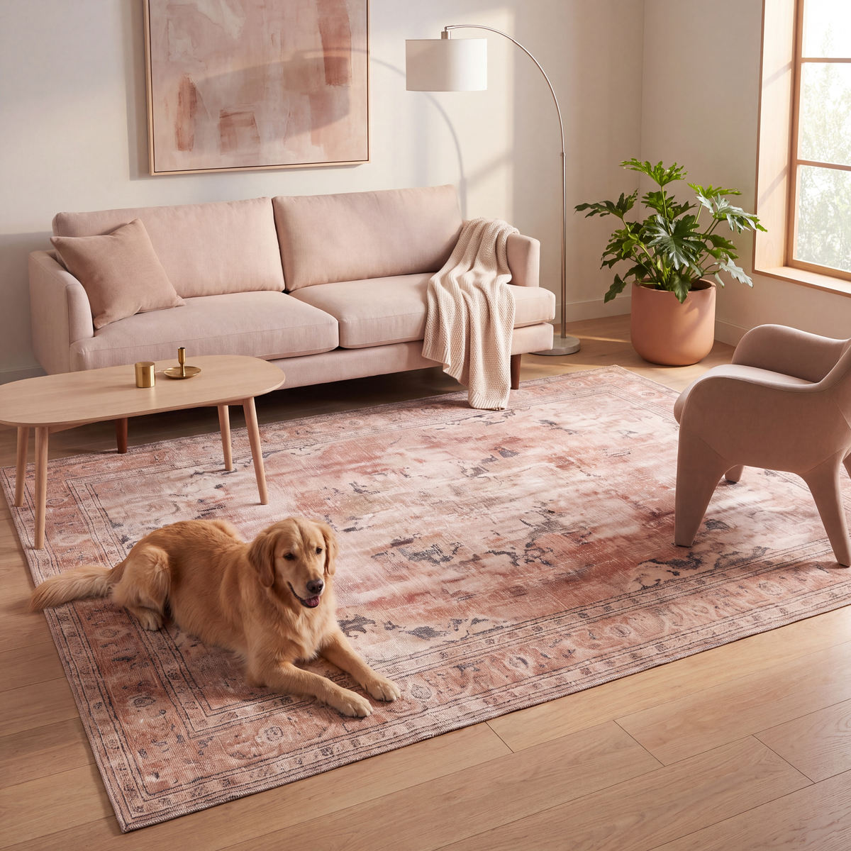 A dog resting on the rug in a living room.