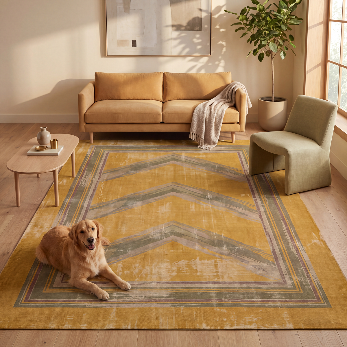 A dog resting on the rug in a living room.