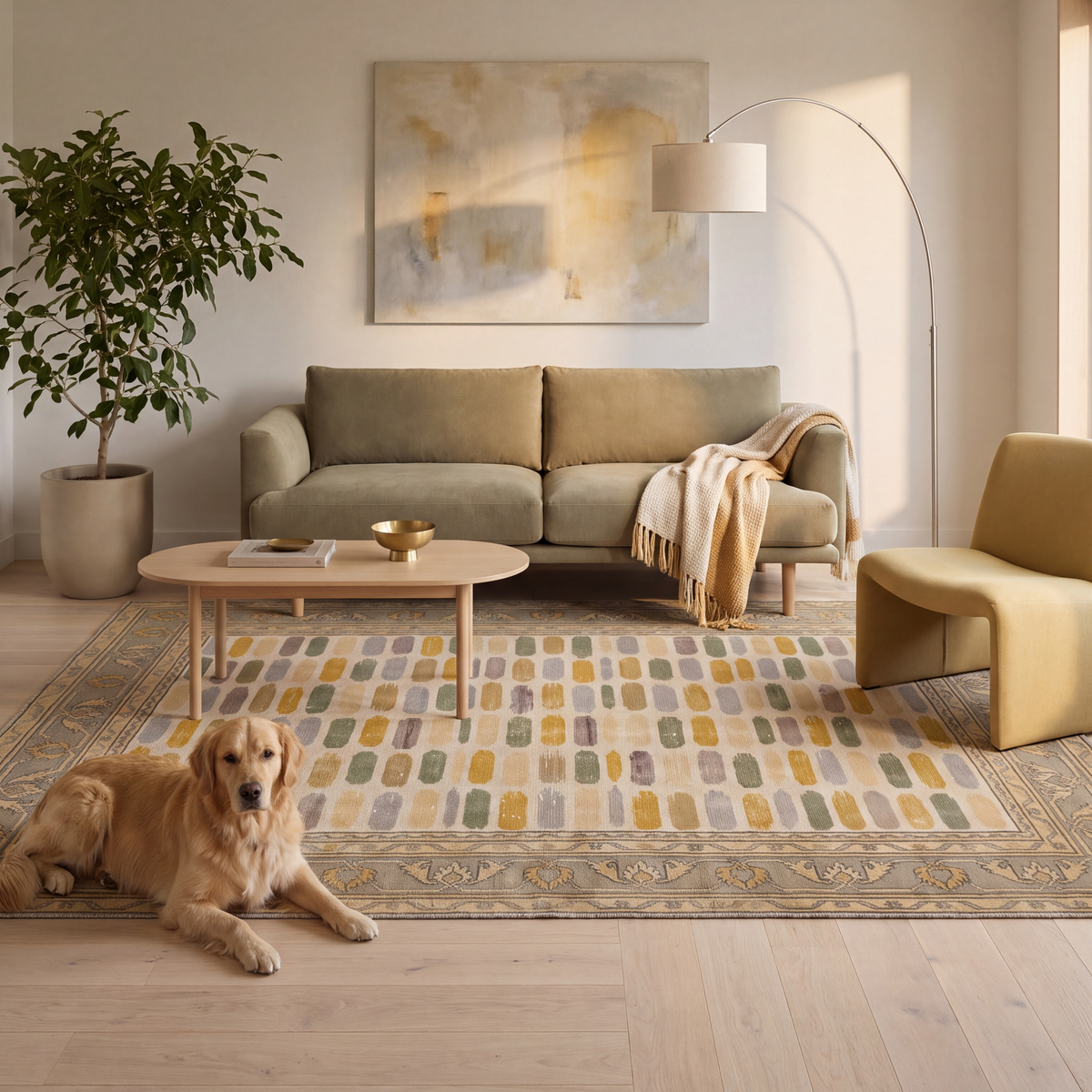 A dog resting on the rug in a living room.