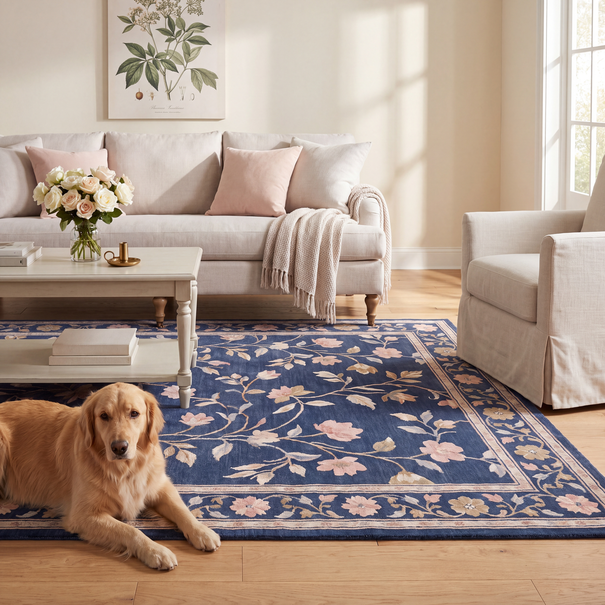A dog resting on the rug in a living room.