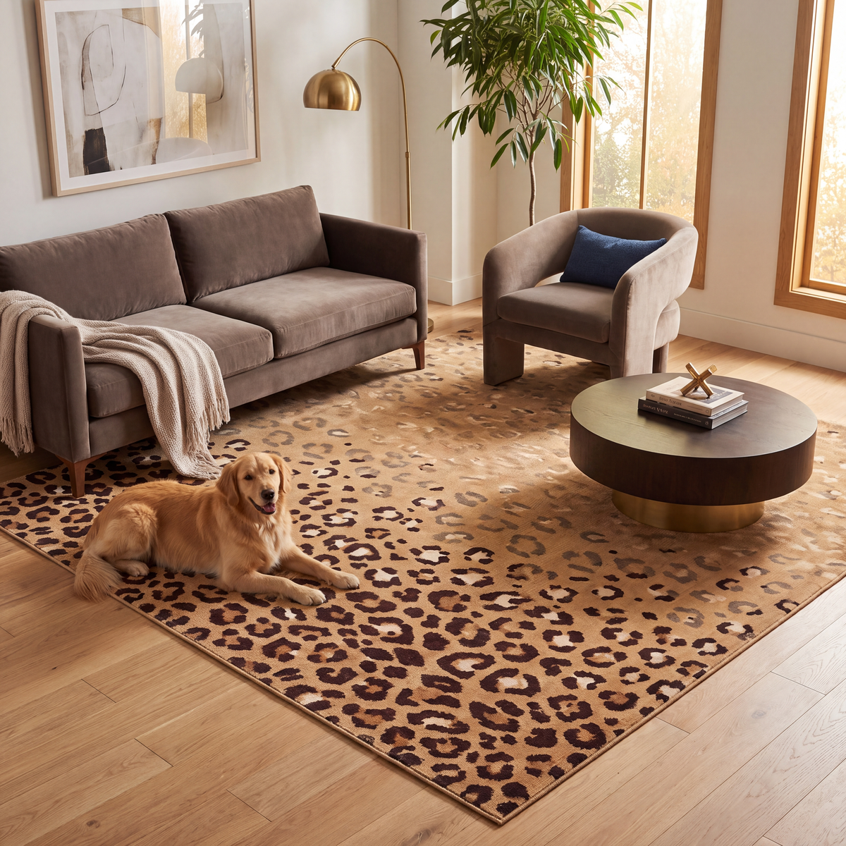 A dog resting on the rug in a living room.