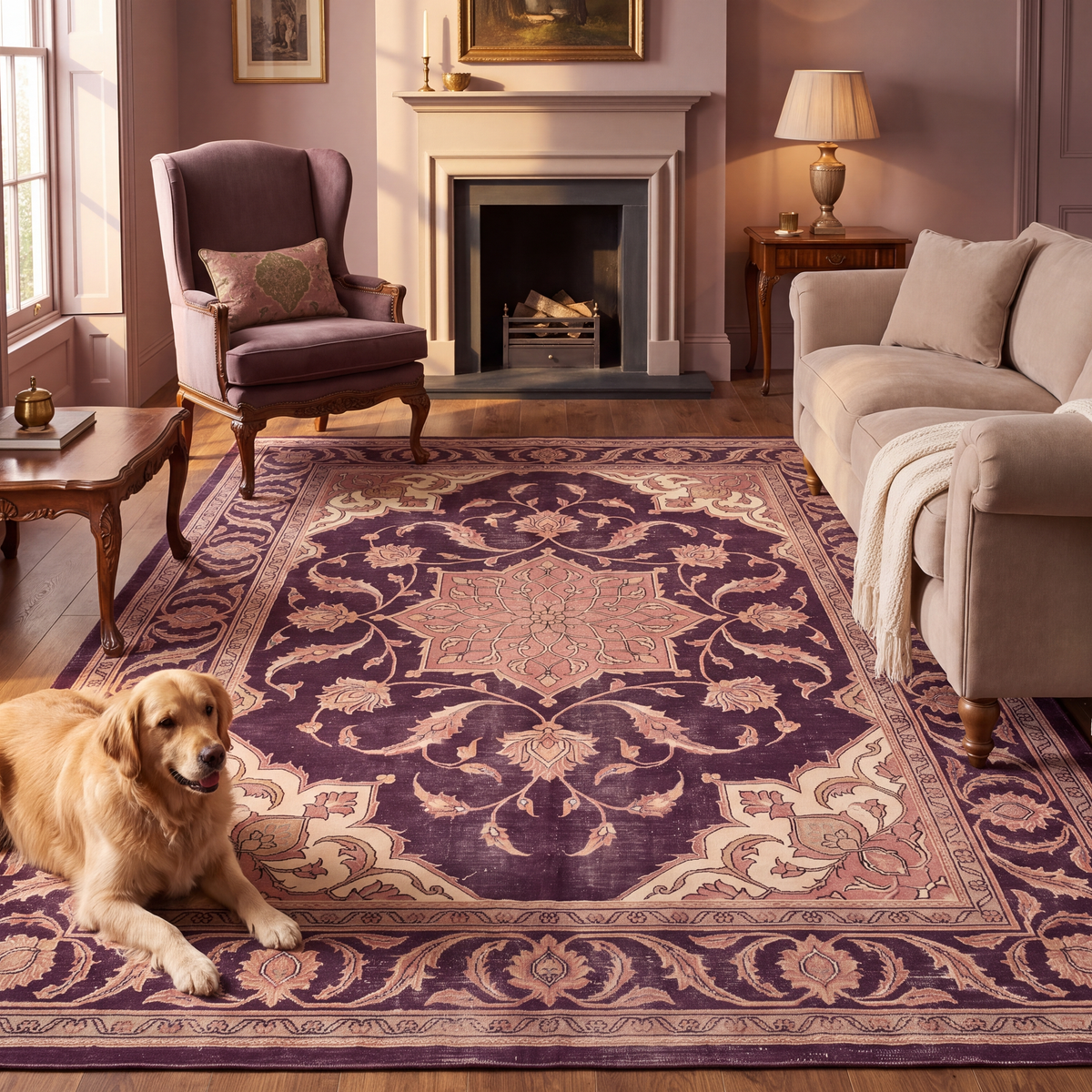 A dog resting on the rug in a living room.