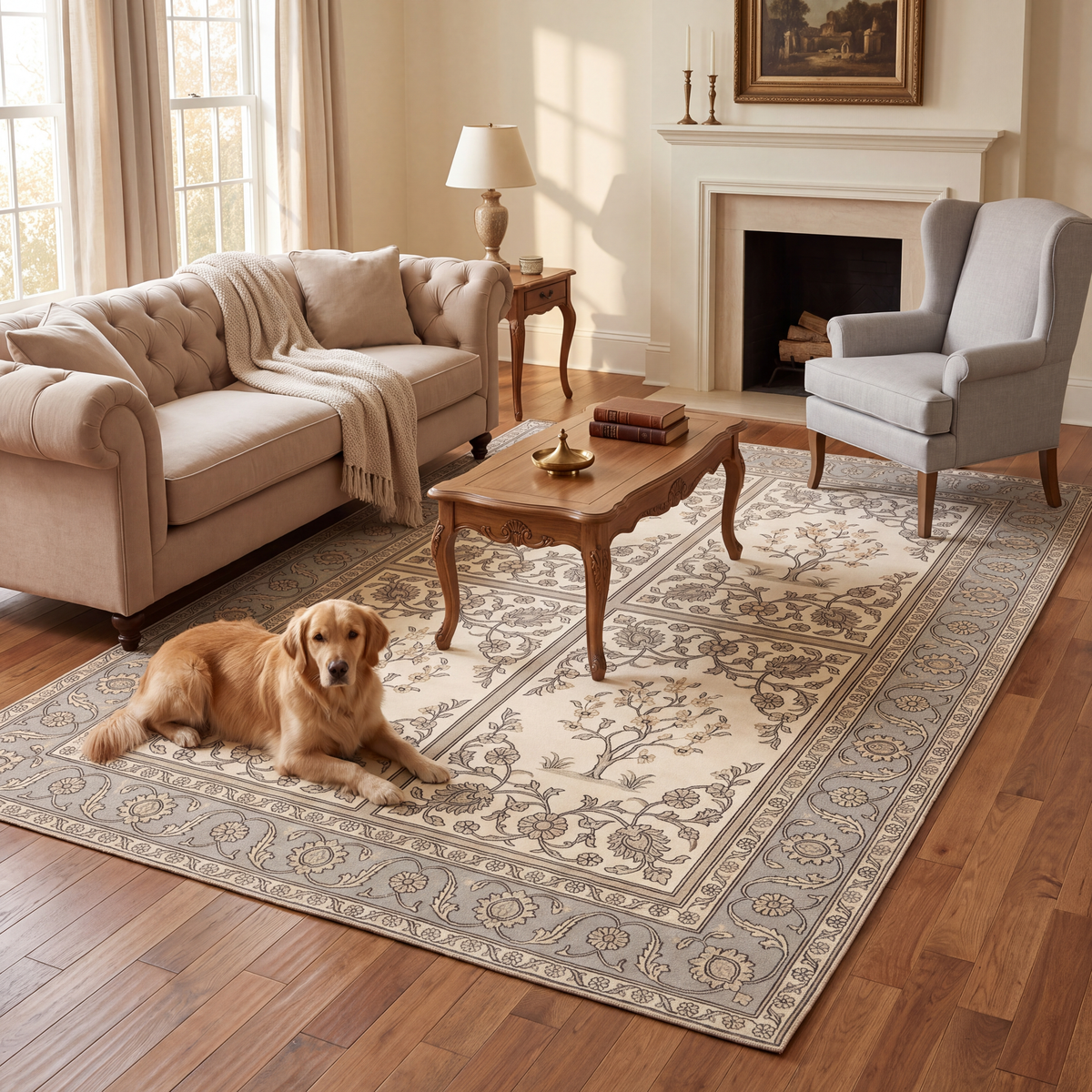 A dog resting on the rug in a living room.