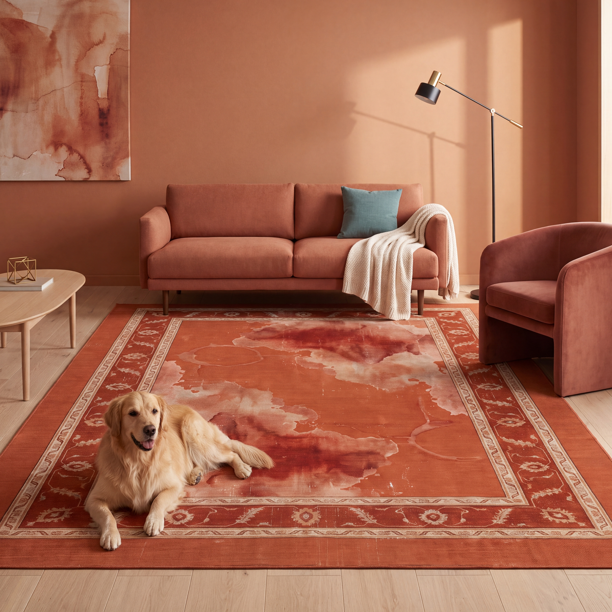 A dog resting on the rug in a living room.