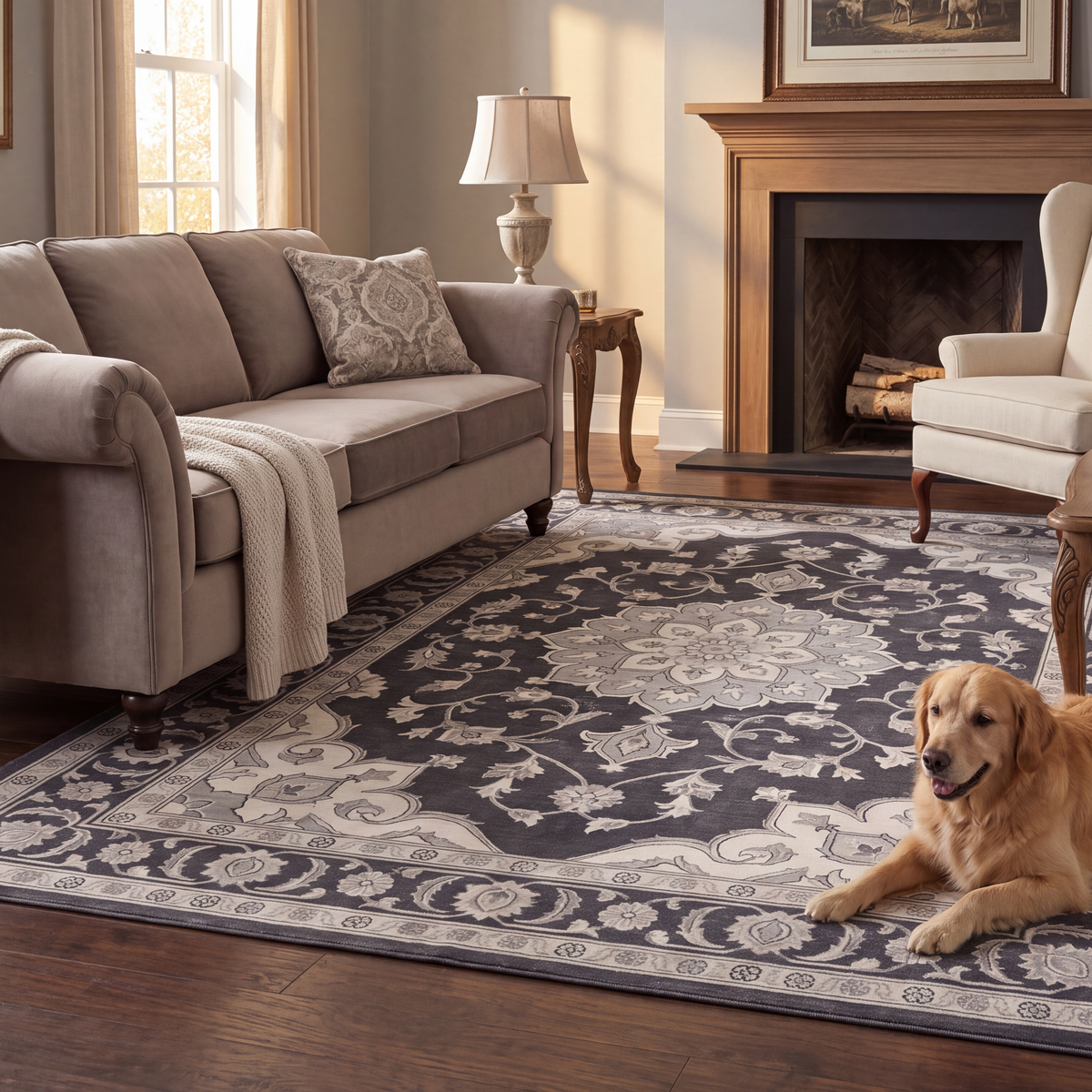 A dog resting on the rug in a living room.