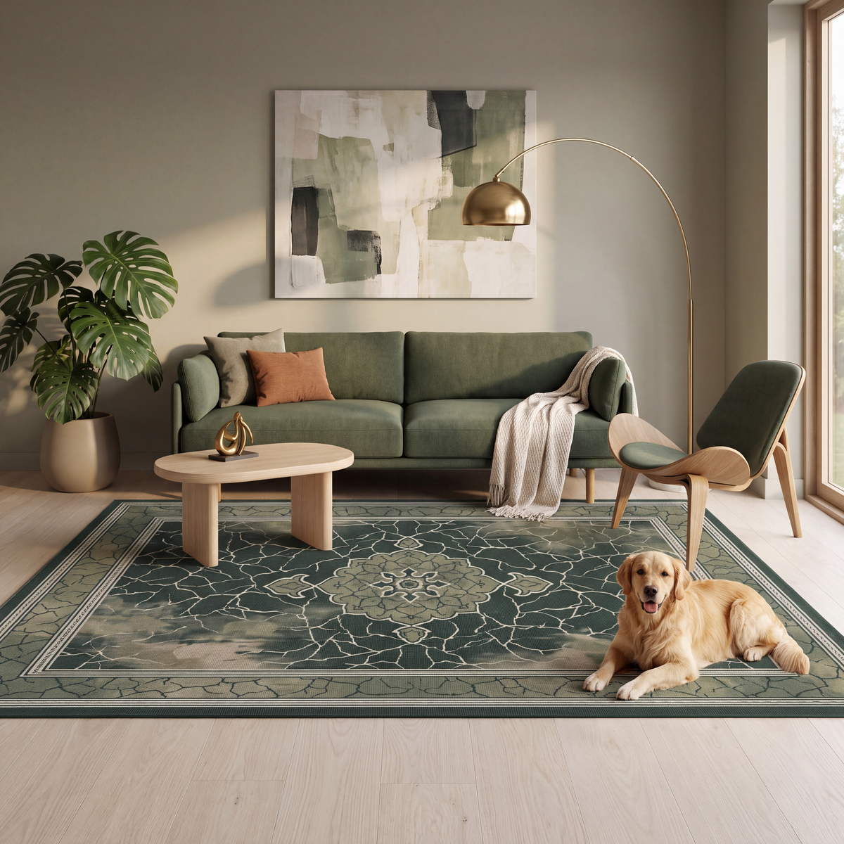 A dog resting on the rug in a living room.