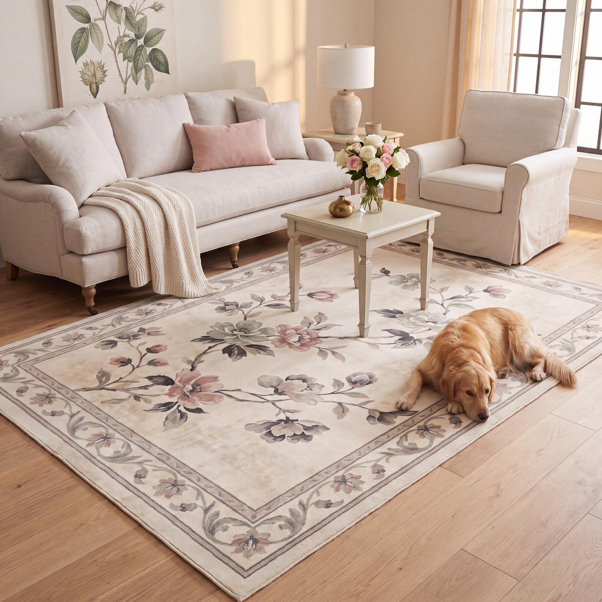 A dog resting on the rug in a living room.