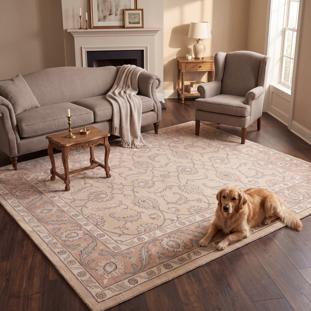 A dog resting on the rug in a living room.