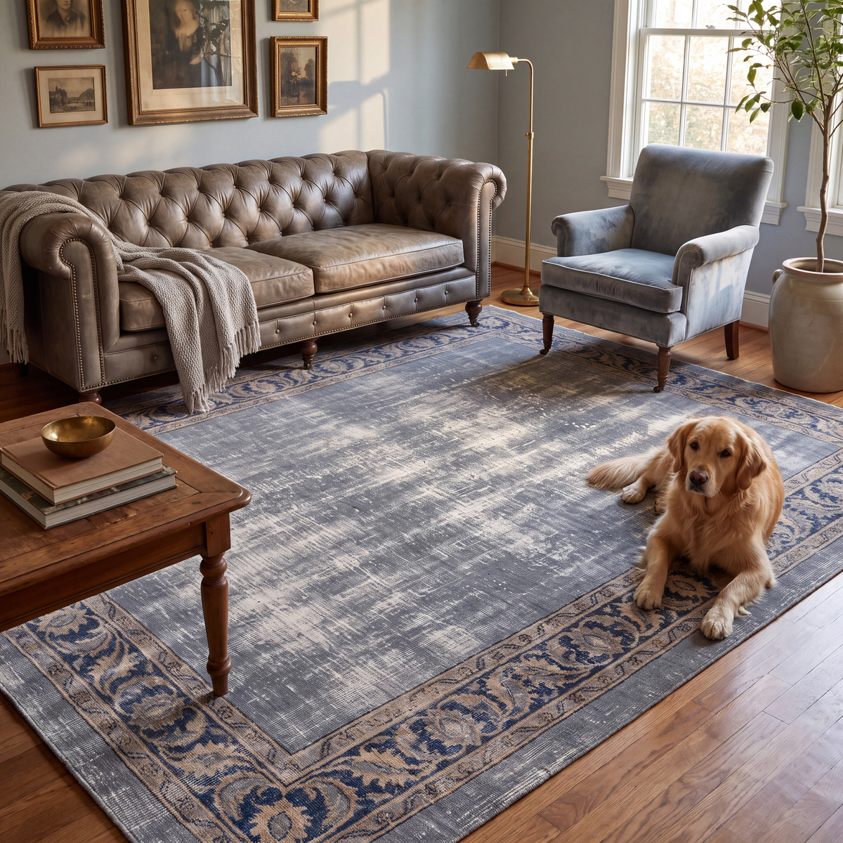 A dog resting on the rug in a living room.