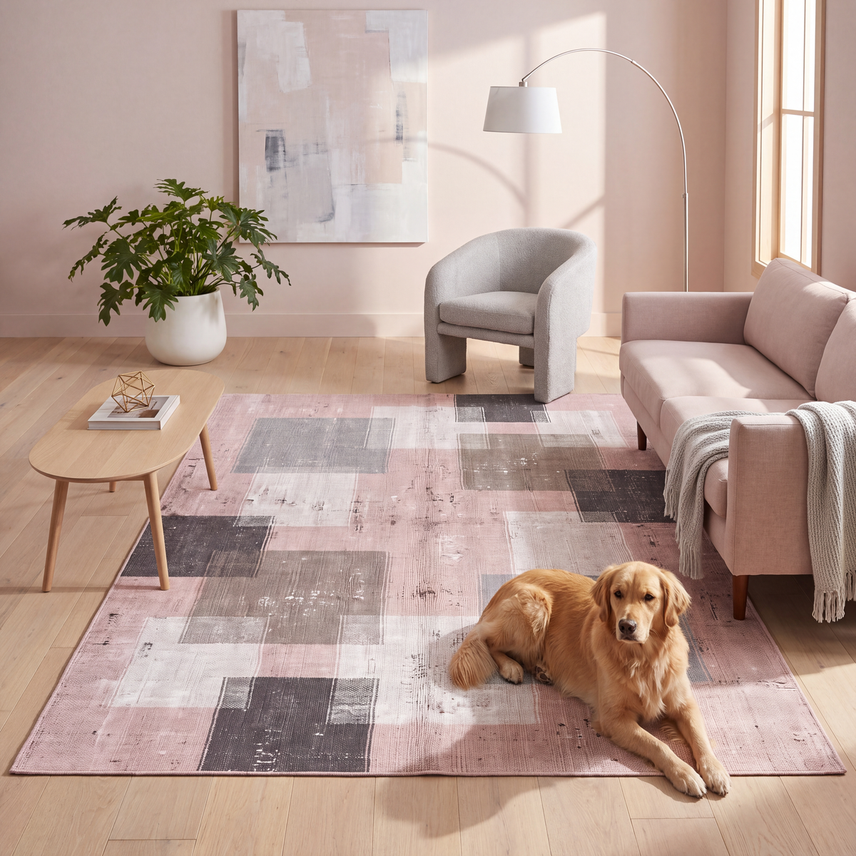 A dog resting on the rug in a living room.