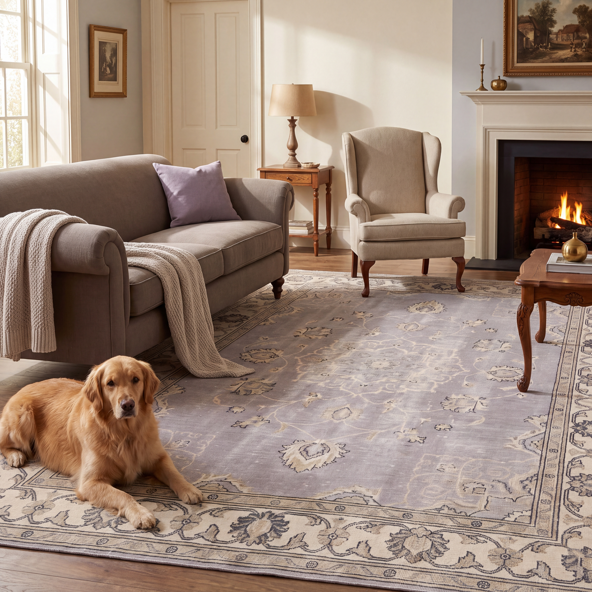 A dog resting on the rug in a living room.