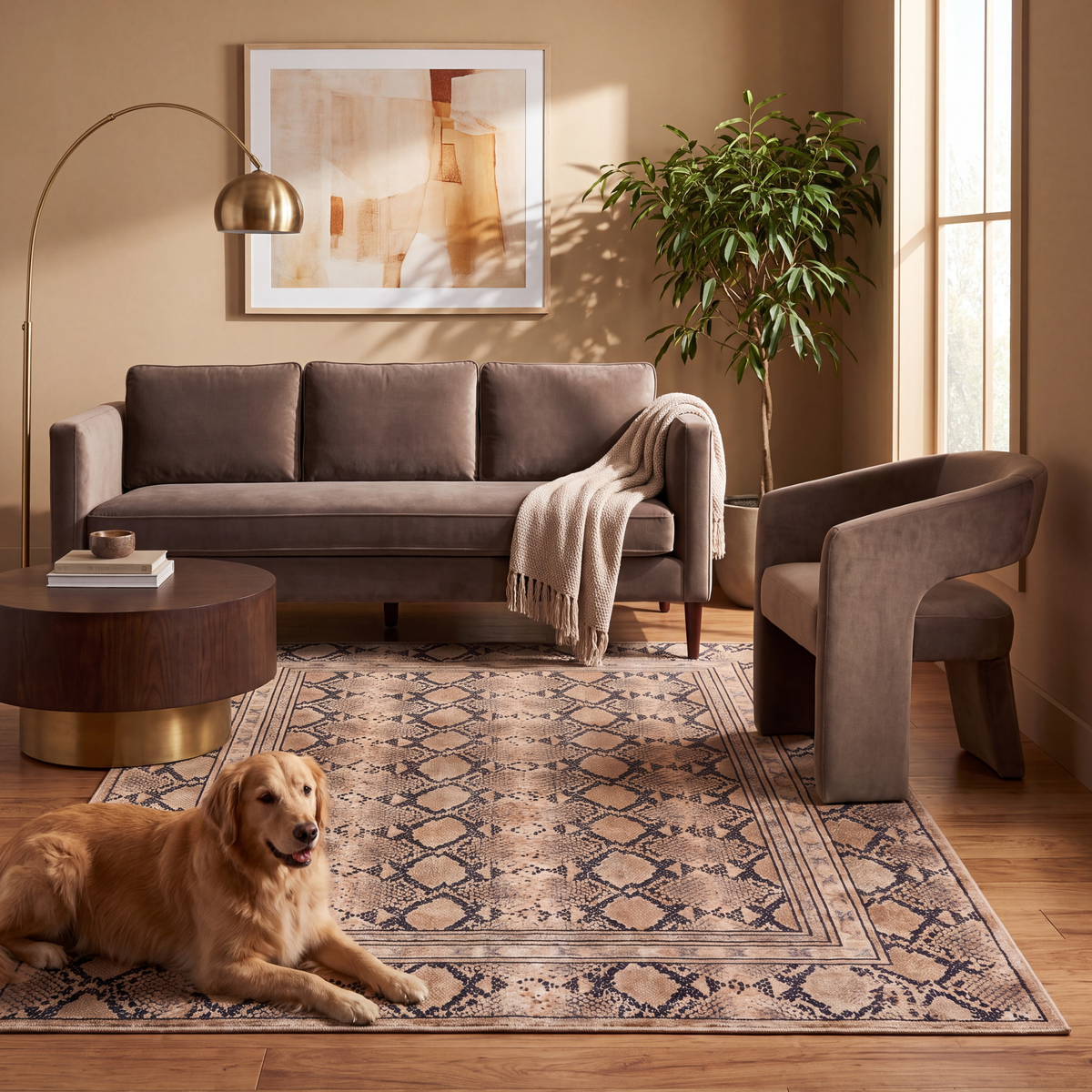 A dog resting on the rug in a living room.