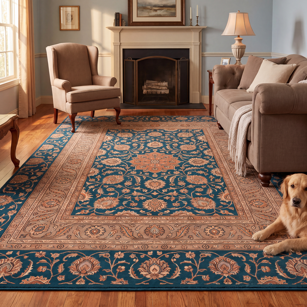 A dog resting on the rug in a living room.