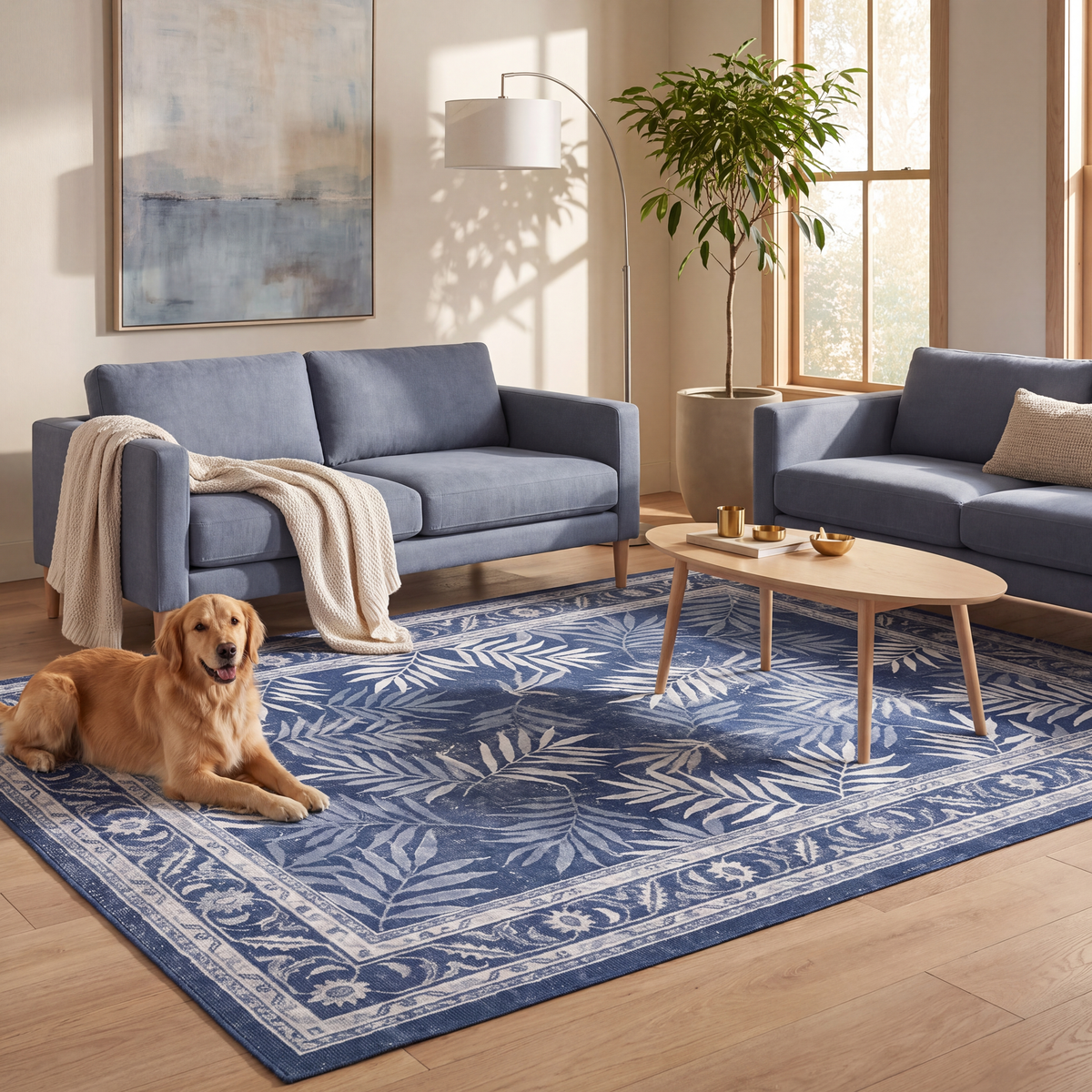 A dog resting on the rug in a living room.