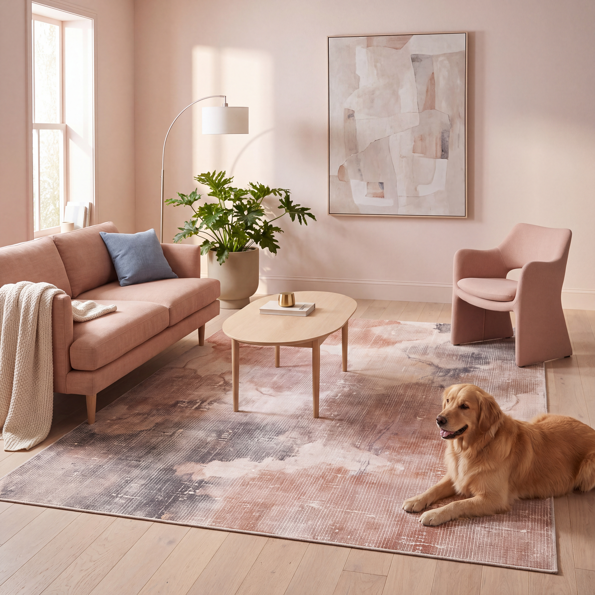 A dog resting on the rug in a living room.