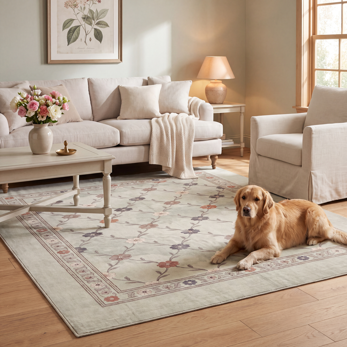 A dog resting on the rug in a living room.