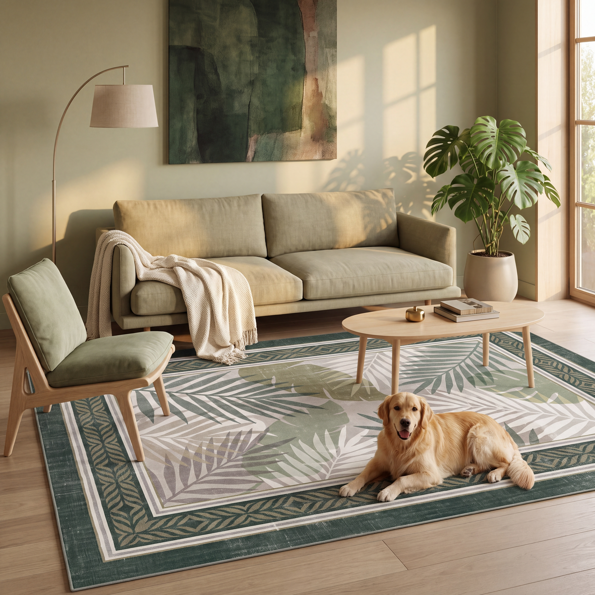 A dog resting on the rug in a living room.