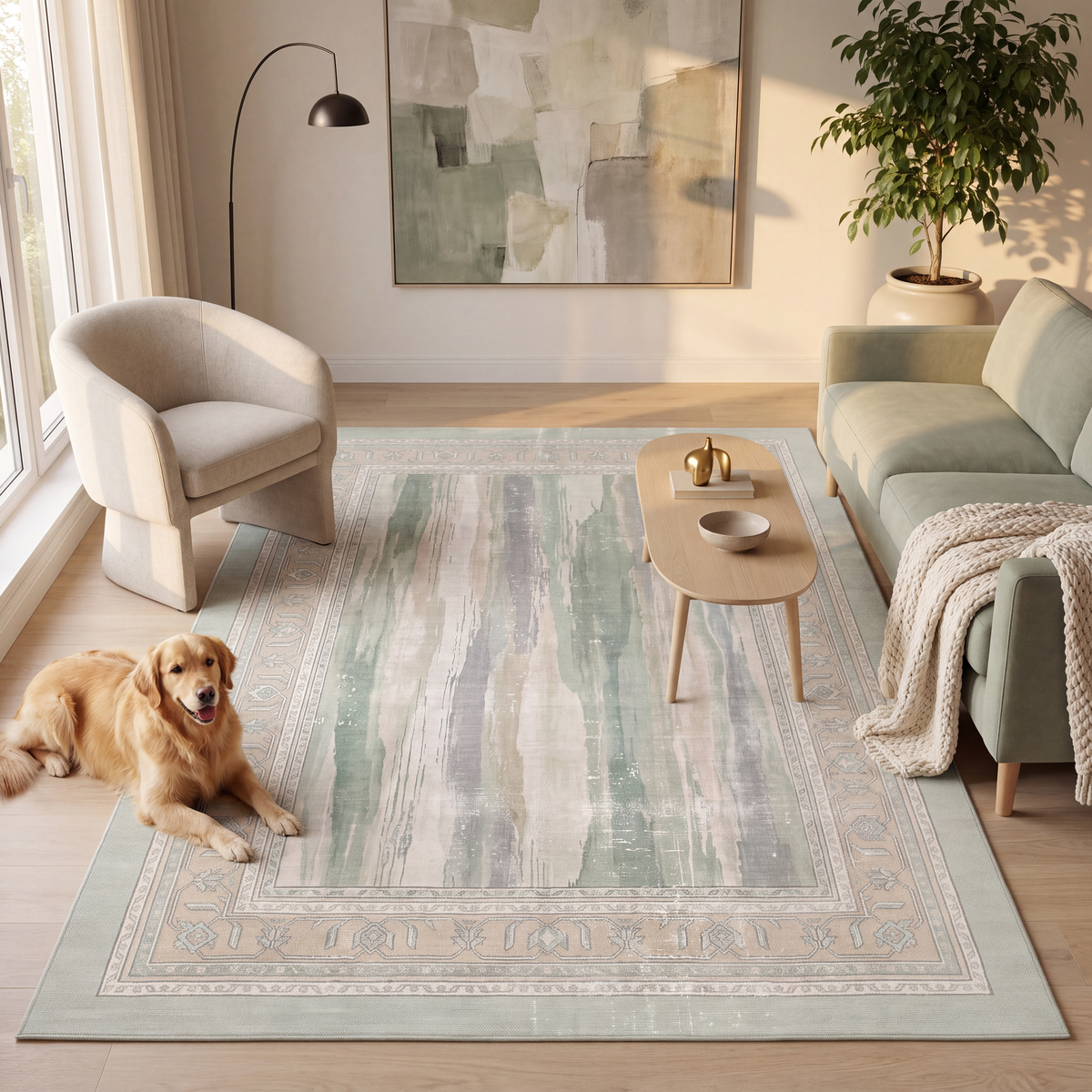 A dog resting on the rug in a living room.