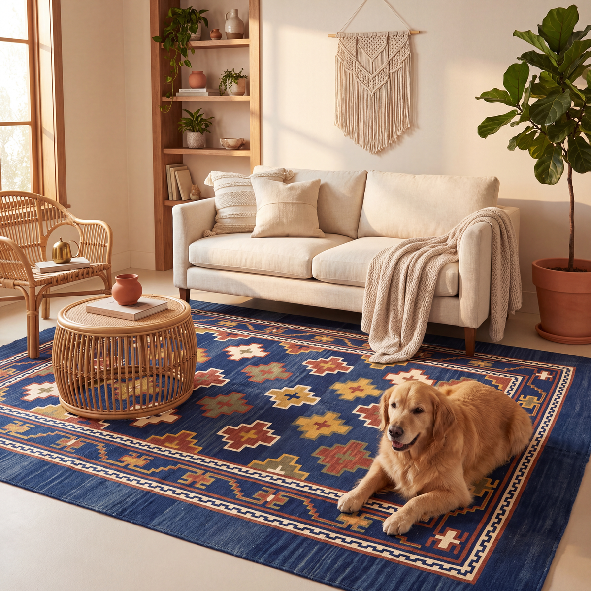 A dog resting on the rug in a living room.