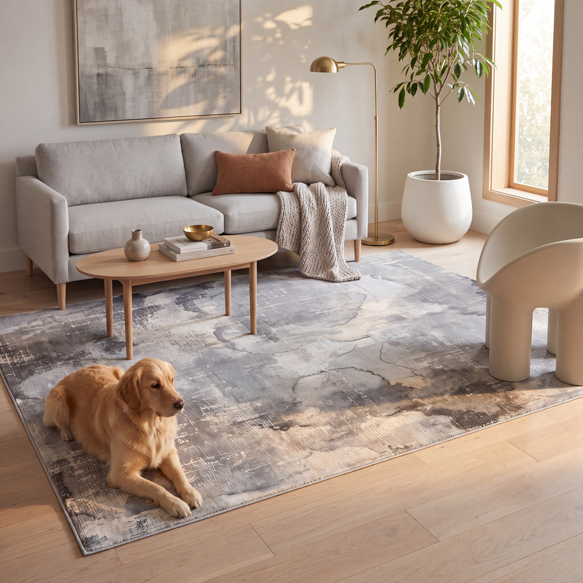 A dog resting on the rug in a living room.