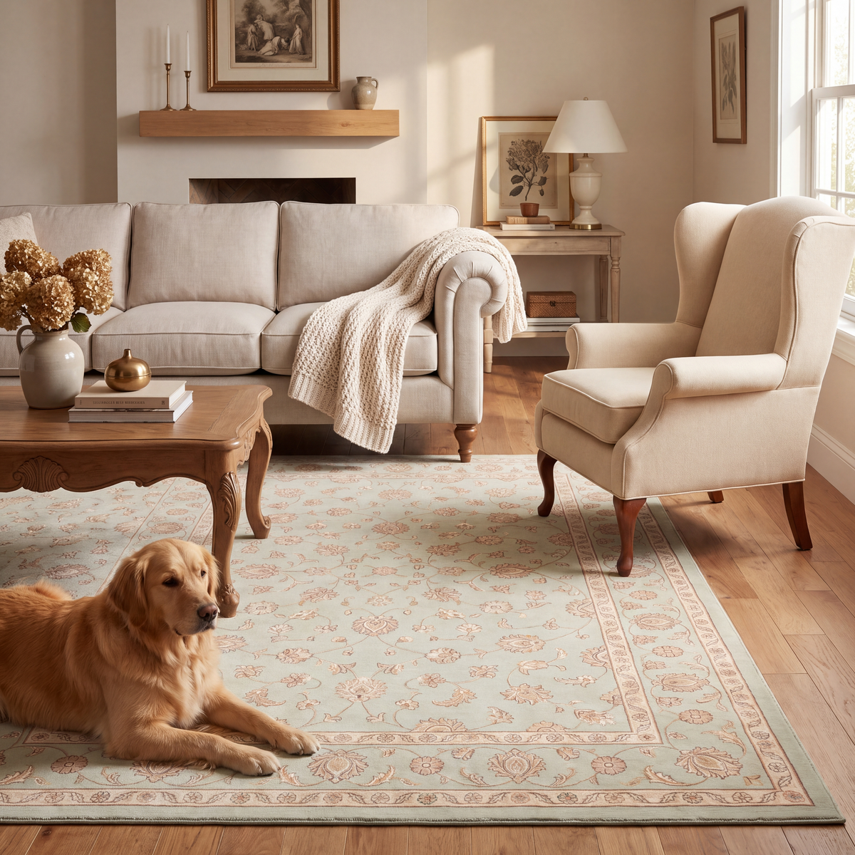 A dog resting on the rug in a living room.