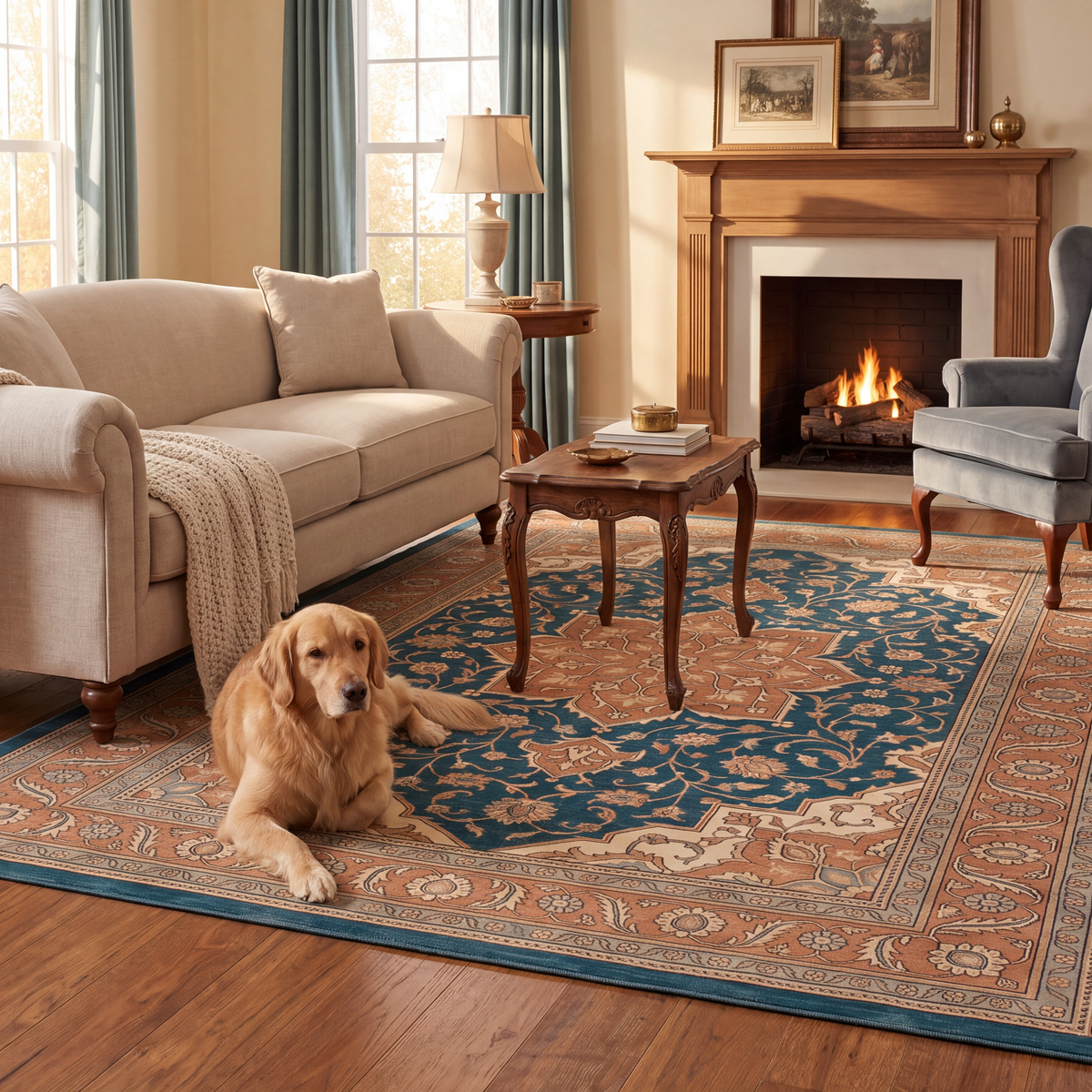 A dog resting on the rug in a living room.