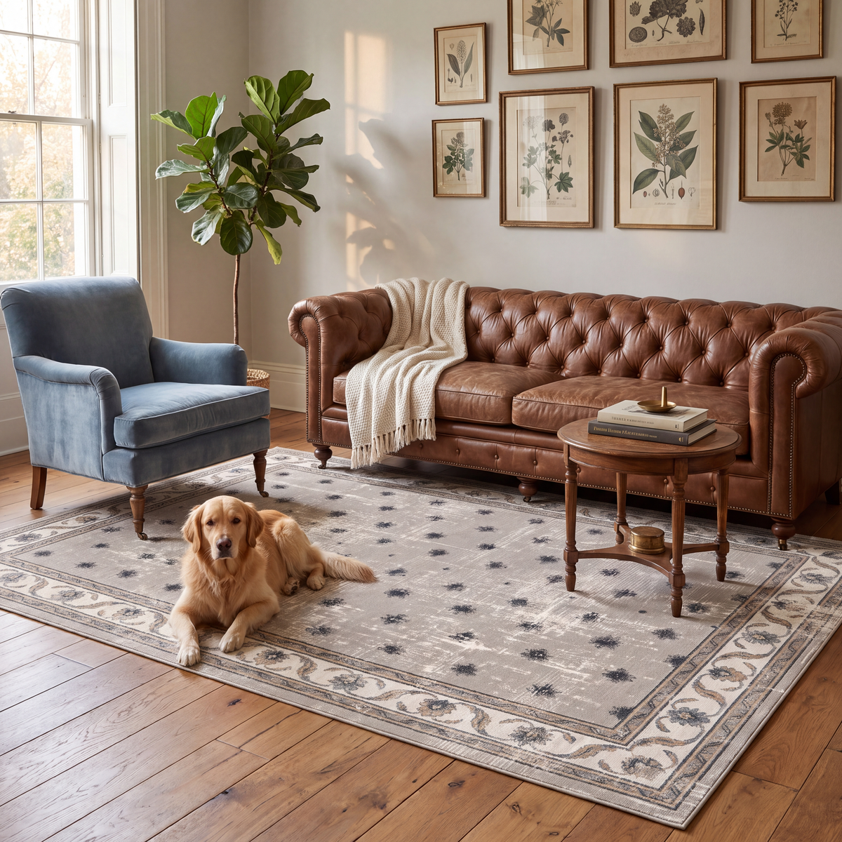 A dog resting on the rug in a living room.