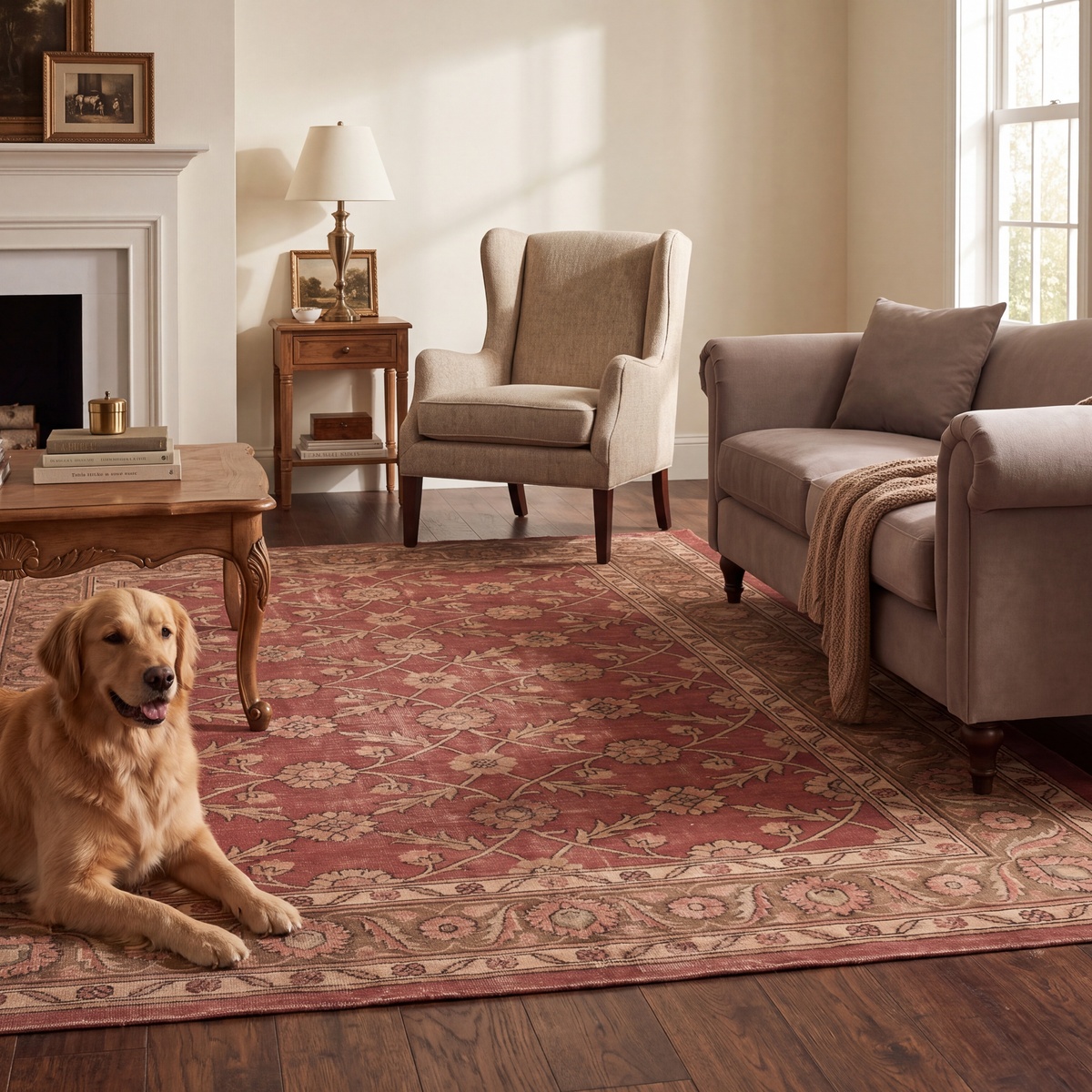 A dog resting on the rug in a living room.