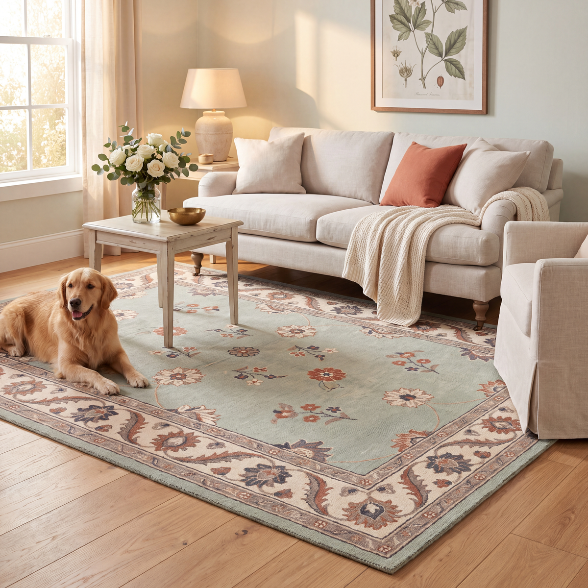 A dog resting on the rug in a living room.