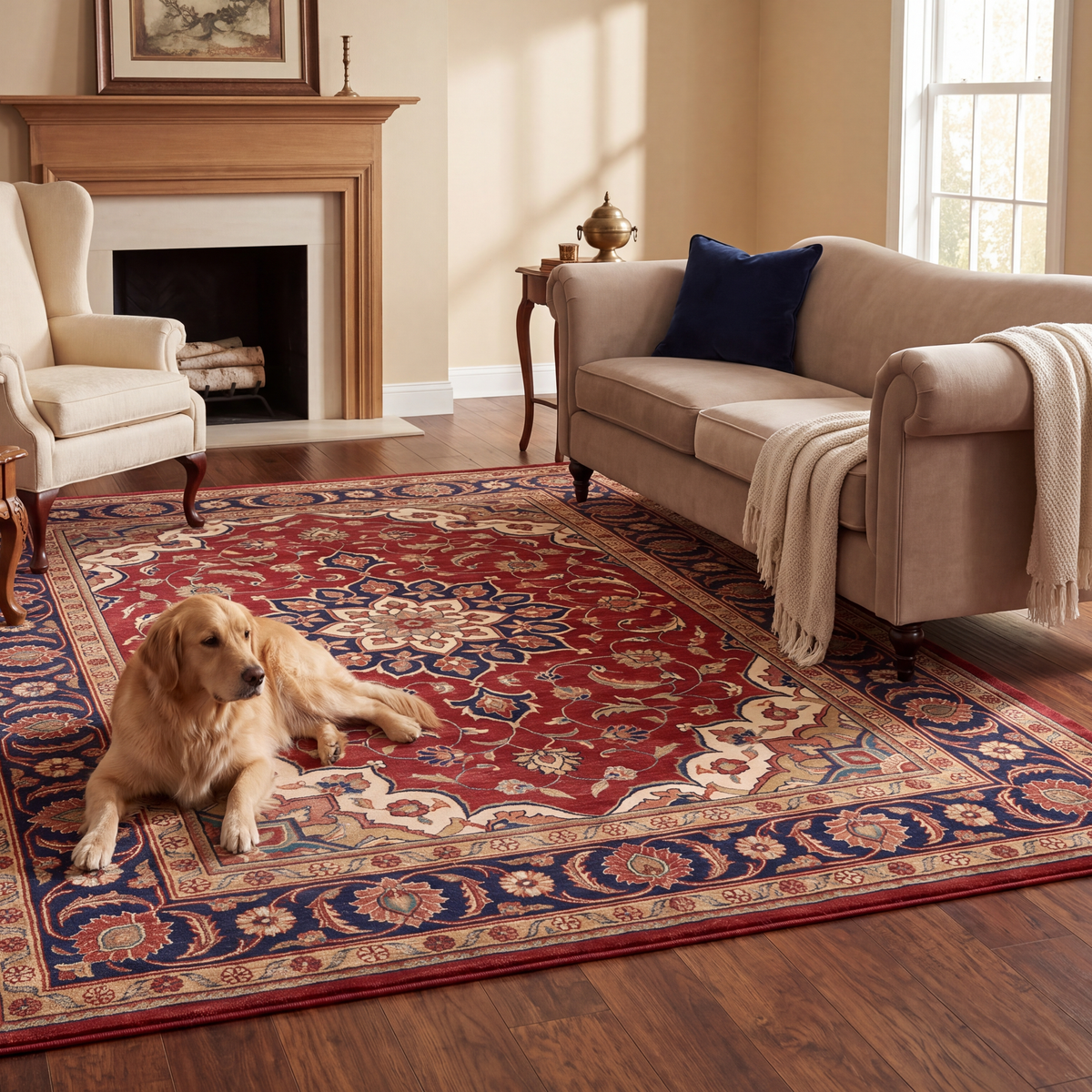 A dog resting on the rug in a living room.