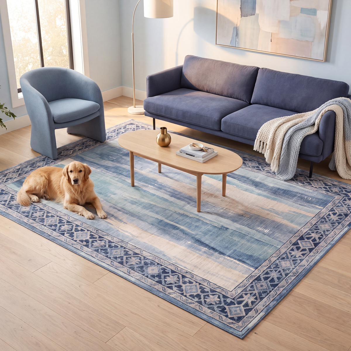 A dog resting on the rug in a living room.