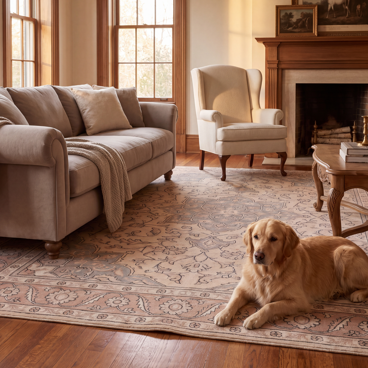A dog resting on the rug in a living room.