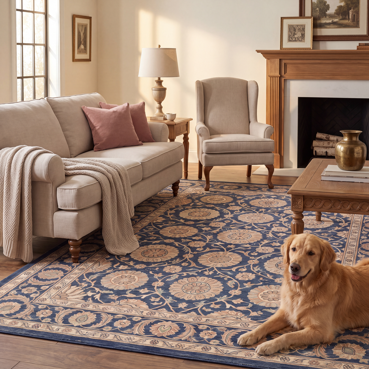 A dog resting on the rug in a living room.