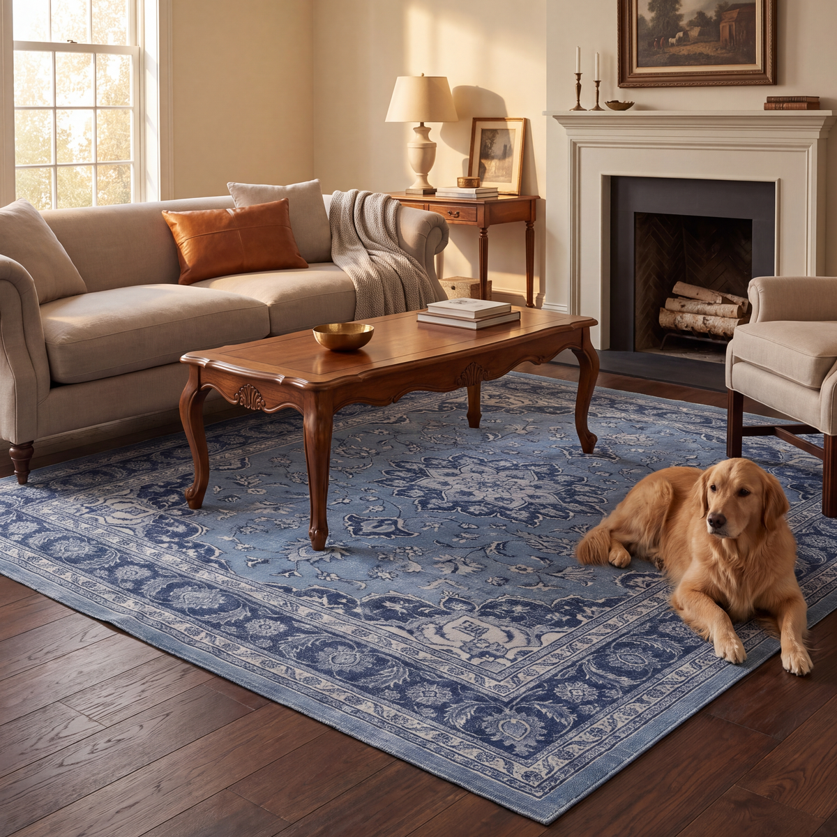 A dog resting on the rug in a living room.