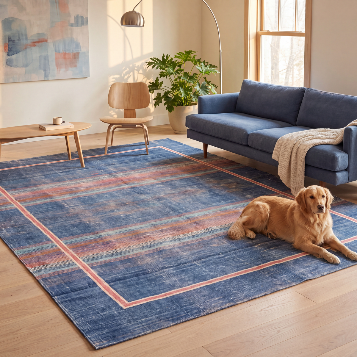 A dog resting on the rug in a living room.