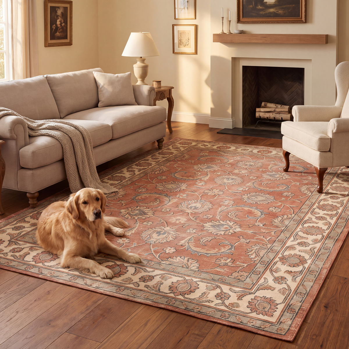 A dog resting on the rug in a living room.