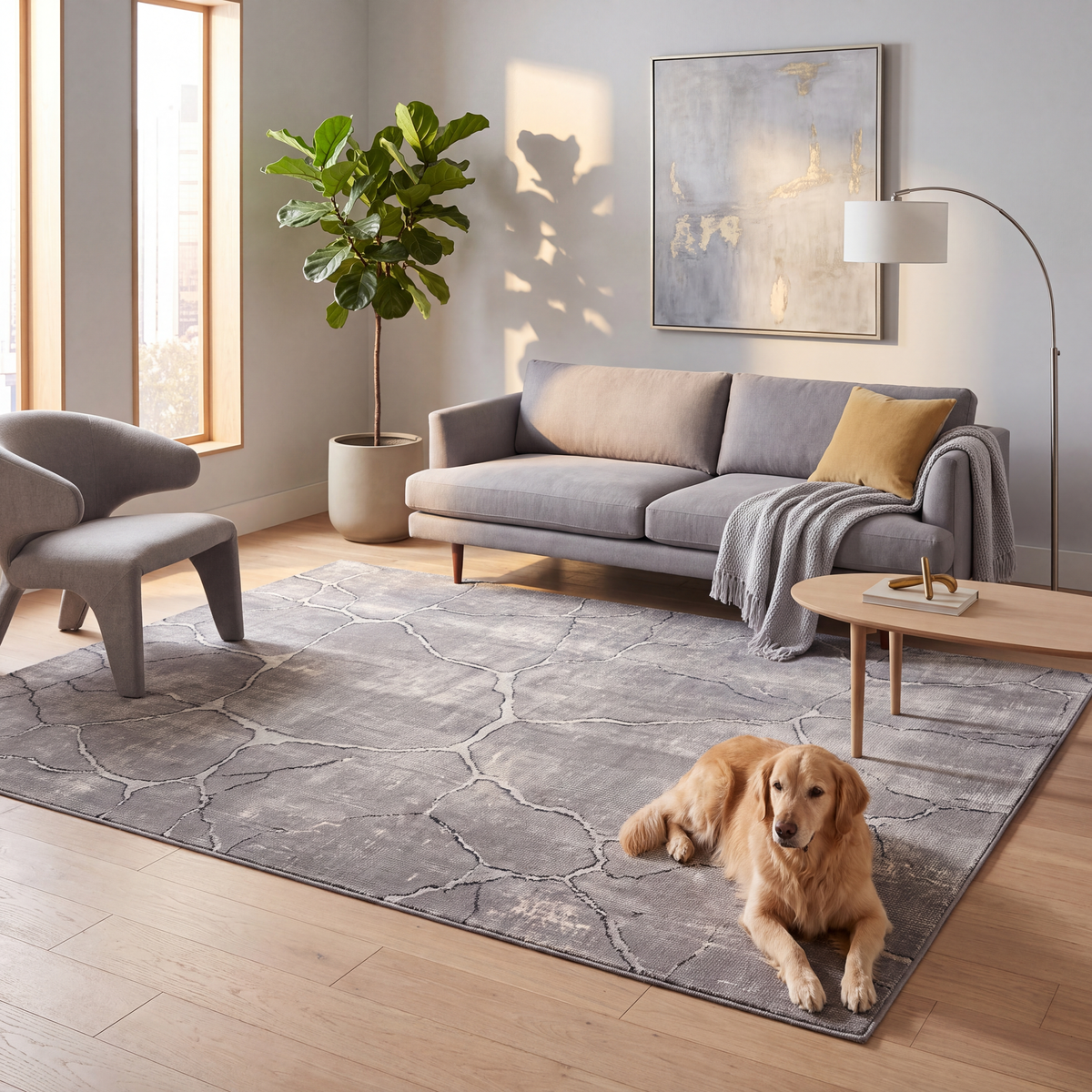 A dog resting on the rug in a living room.