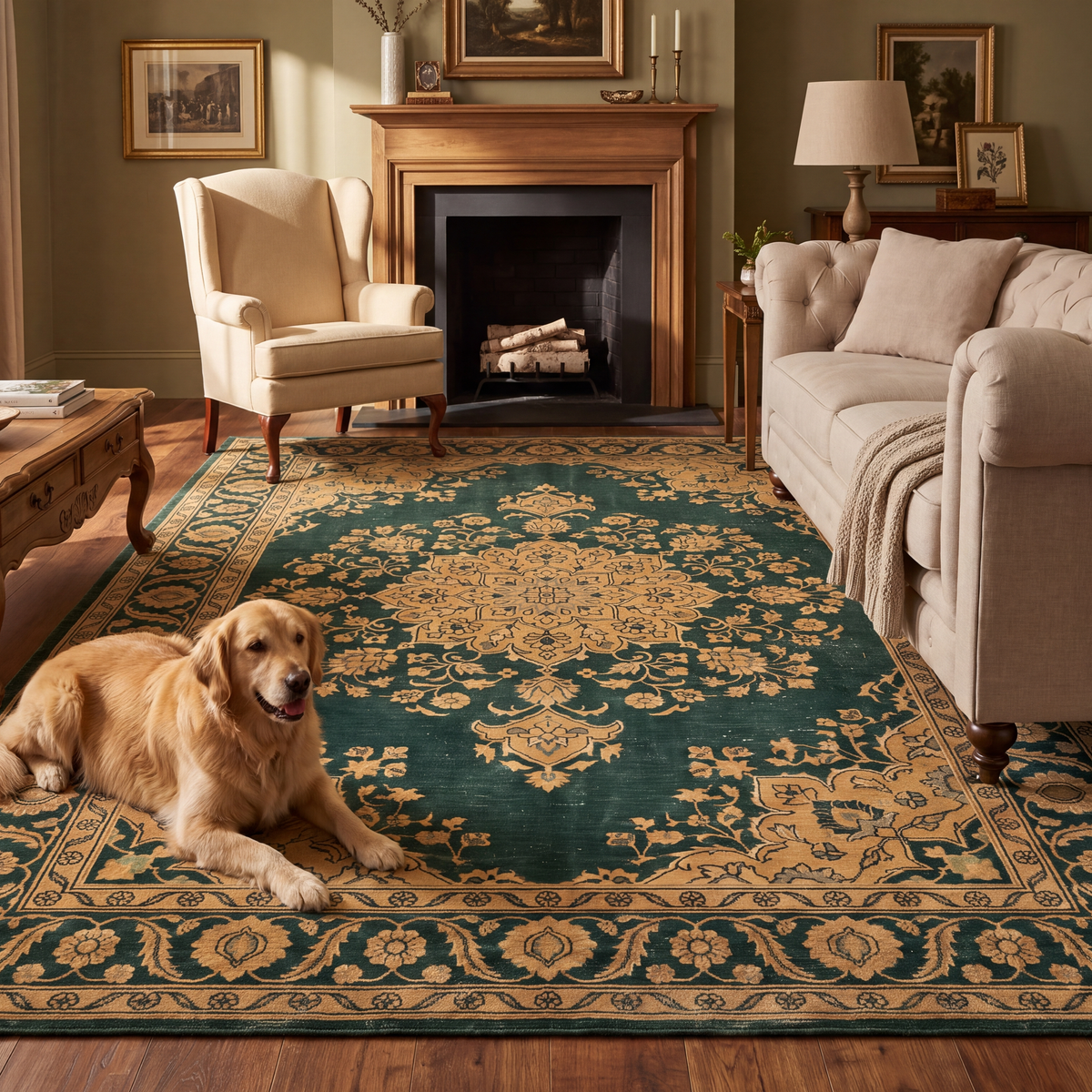 A dog resting on the rug in a living room.