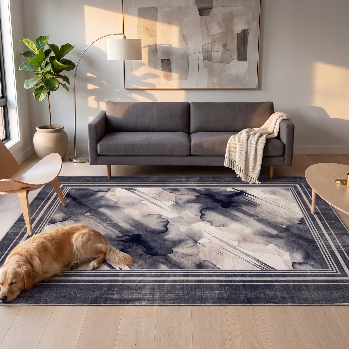 A dog resting on the rug in a living room.