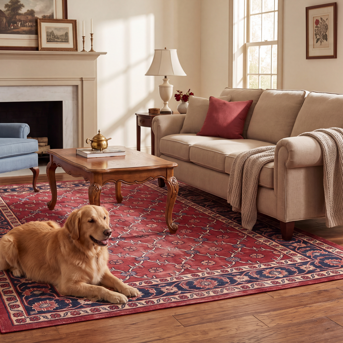 A dog resting on the rug in a living room.