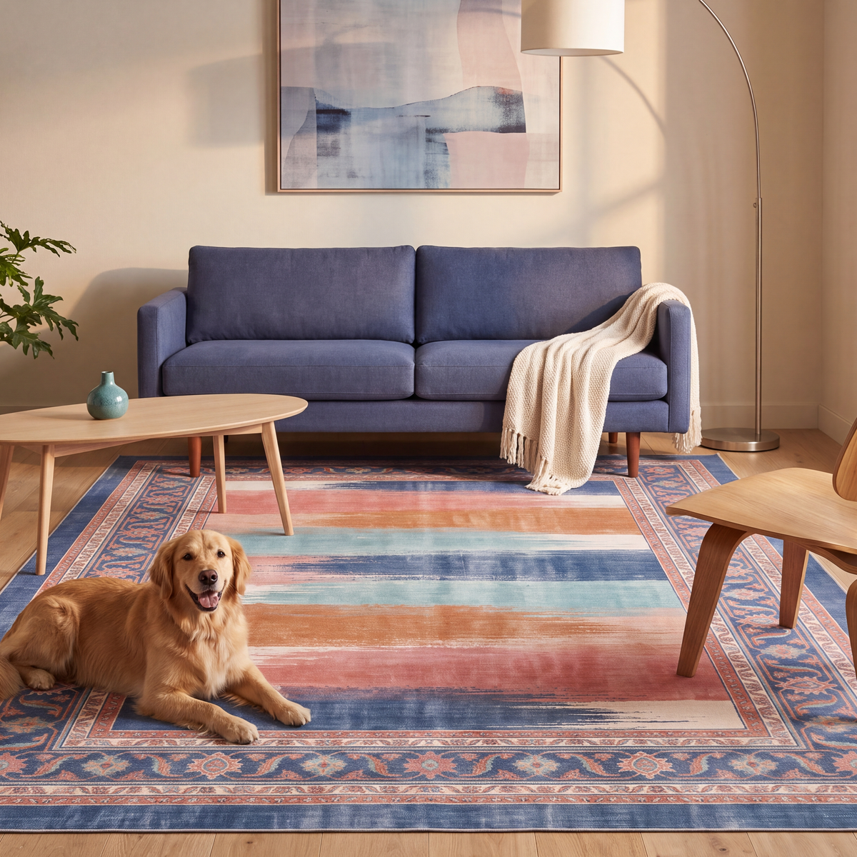A dog resting on the rug in a living room.