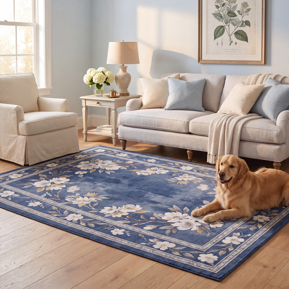 A dog resting on the rug in a living room.