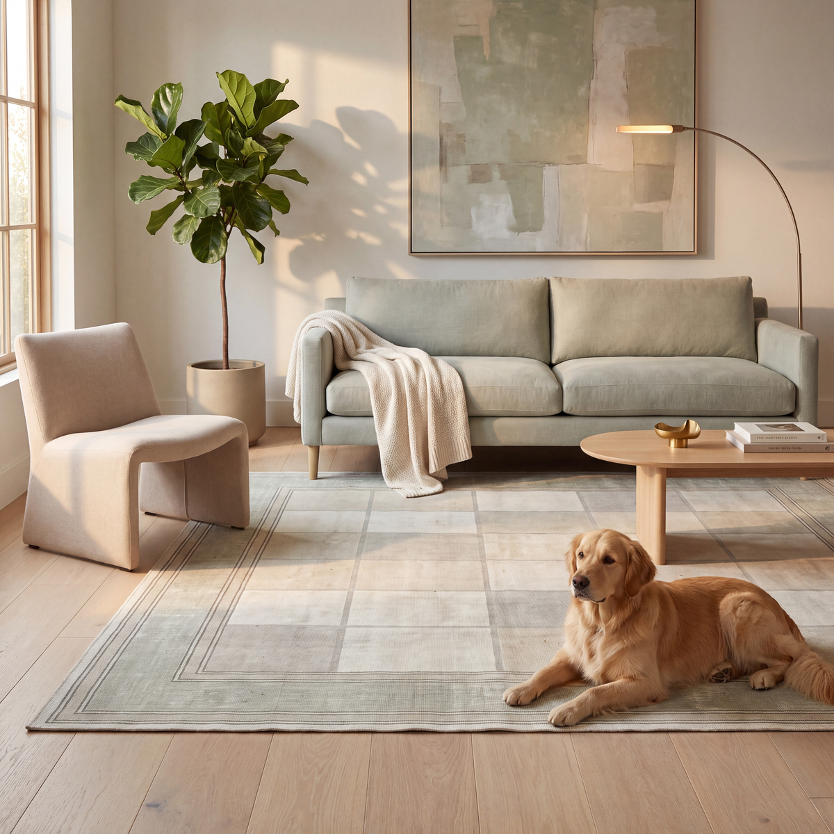 A dog resting on the rug in a living room.