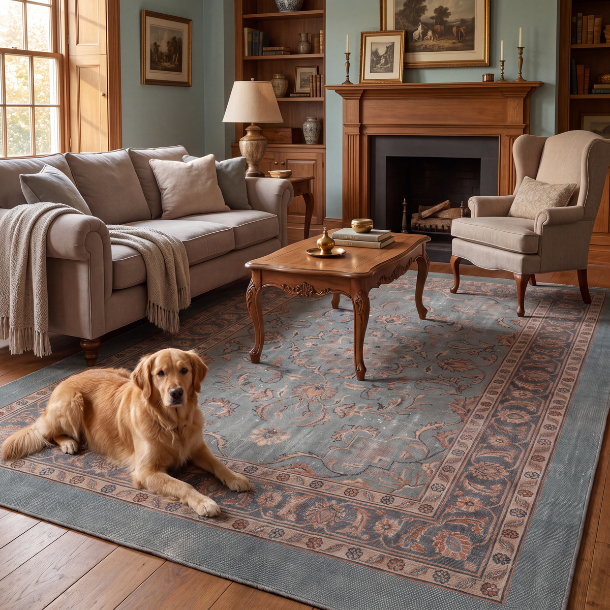 A dog resting on the rug in a living room.