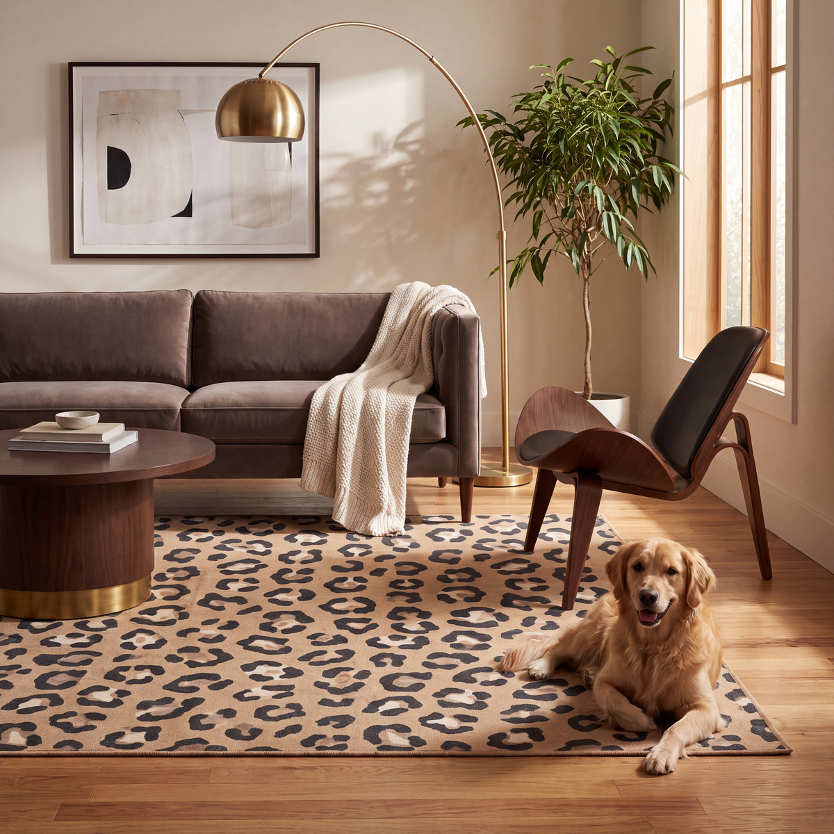 A dog resting on the rug in a living room.