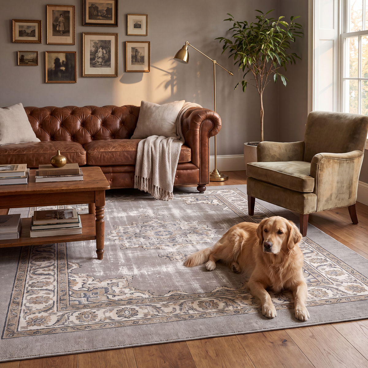 A dog resting on the rug in a living room.