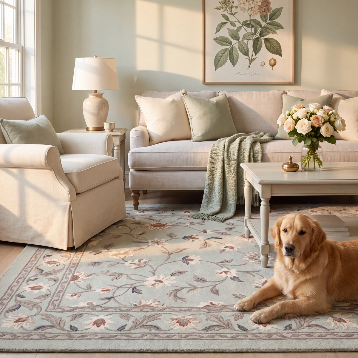 A dog resting on the rug in a living room.