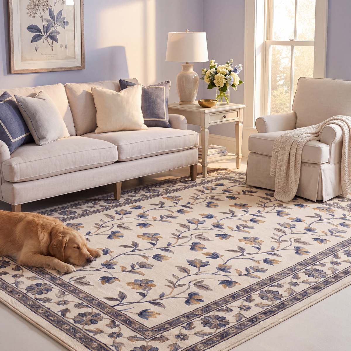 A dog resting on the rug in a living room.