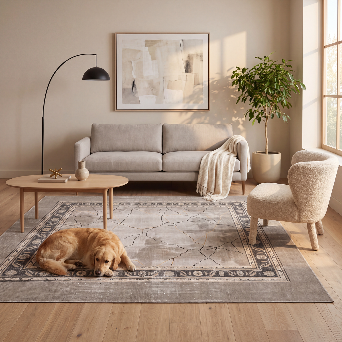 A dog resting on the rug in a living room.